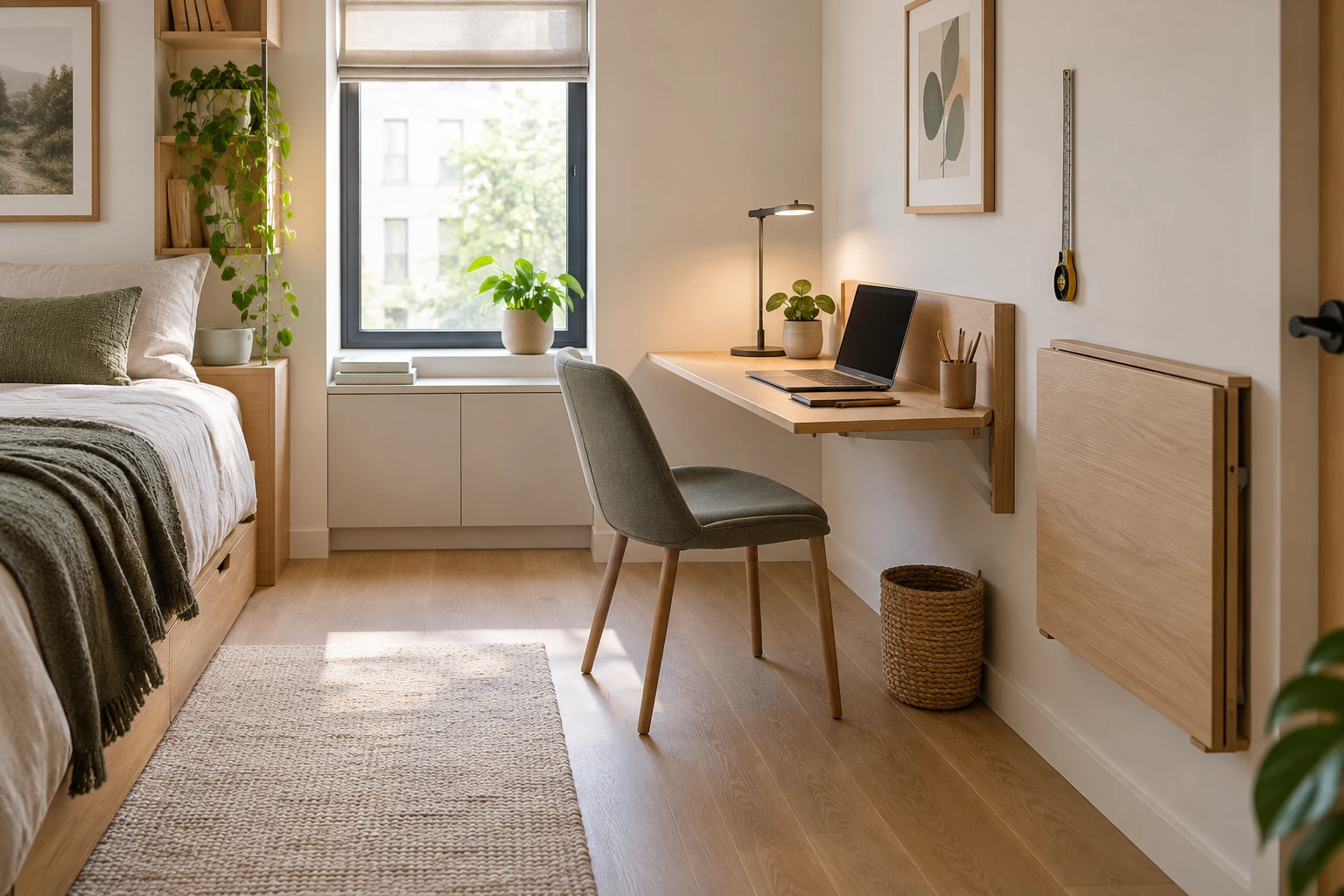 Wall-mounted desk folded against a small room wall with a compact chair nearby.