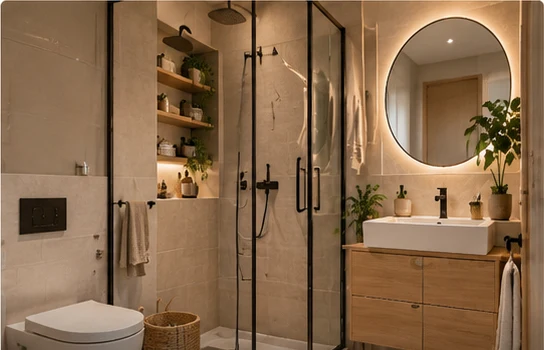 Compact bathroom with a glass shower and wall-mounted vanity