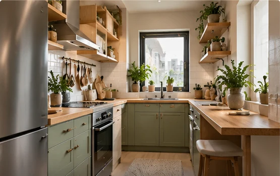 Organized small kitchen with sage cabinets and open shelving