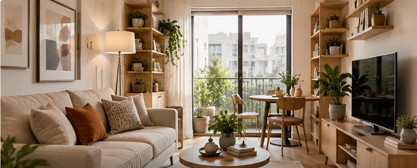Warm compact living room with a sofa, dining area, and storage