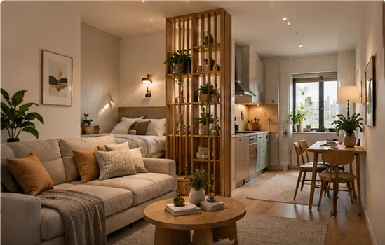 Warm studio apartment divided into living, sleeping, and kitchen zones