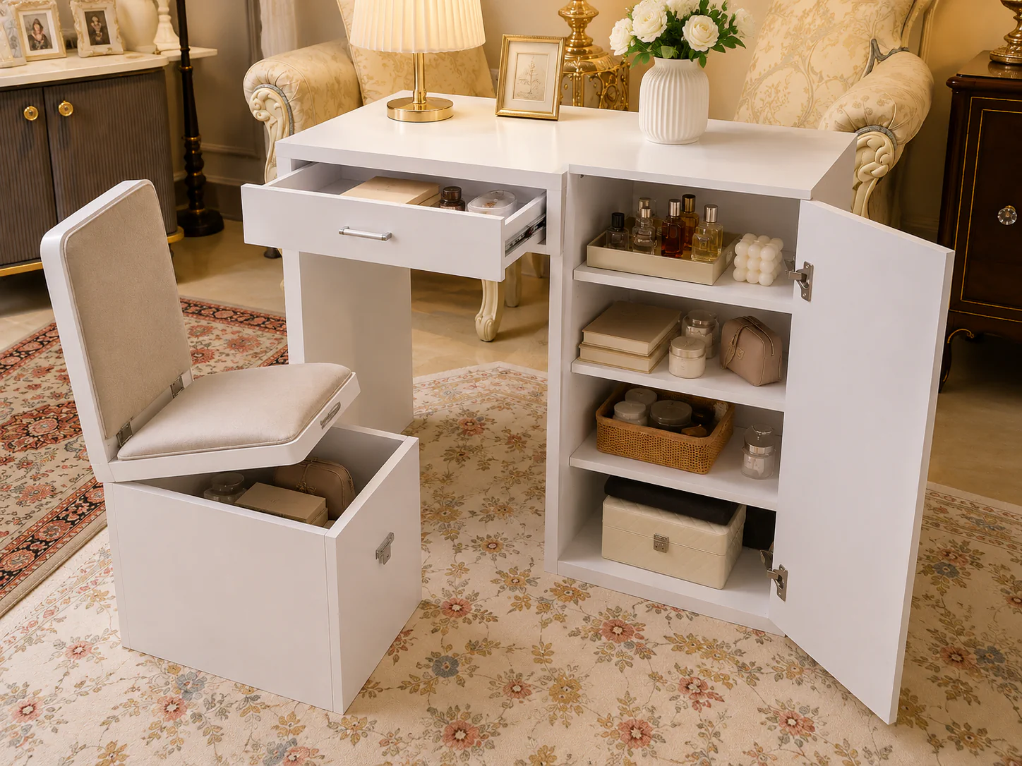 White compact vanity desk with an open drawer, concealed shelving, and a storage chair