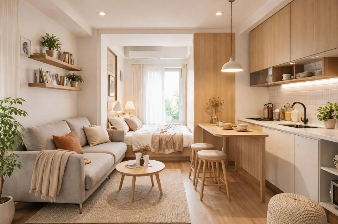 Bright studio apartment arranged into comfortable living and sleeping zones