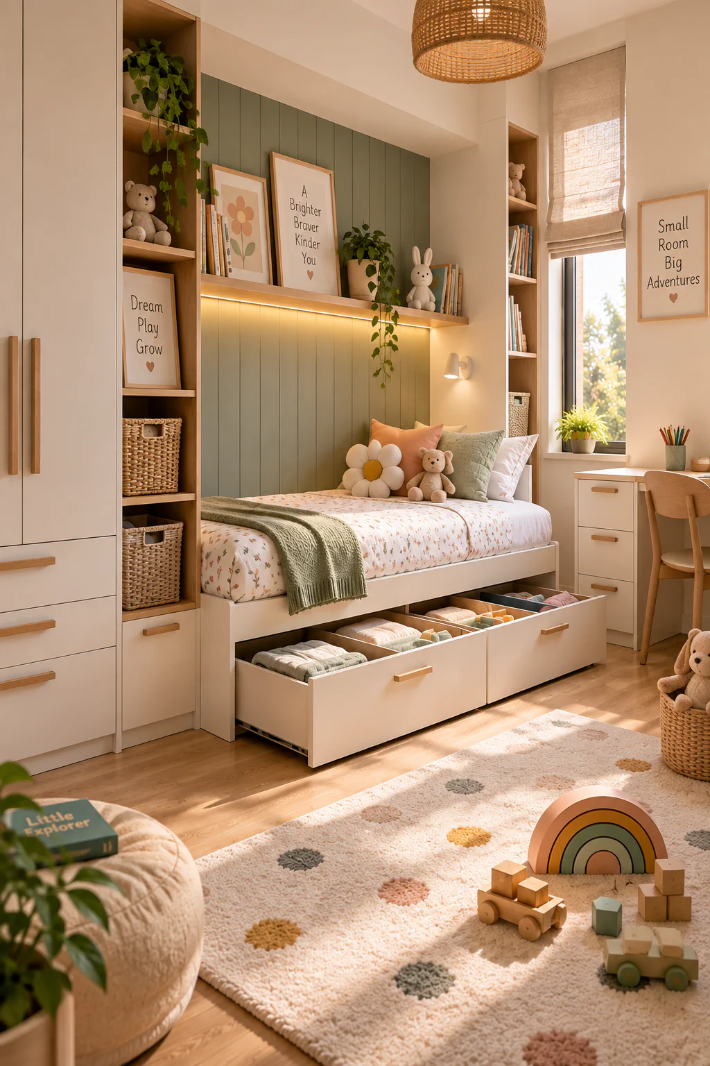 Warm thoughtfully decorated small home interior with space-saving furniture