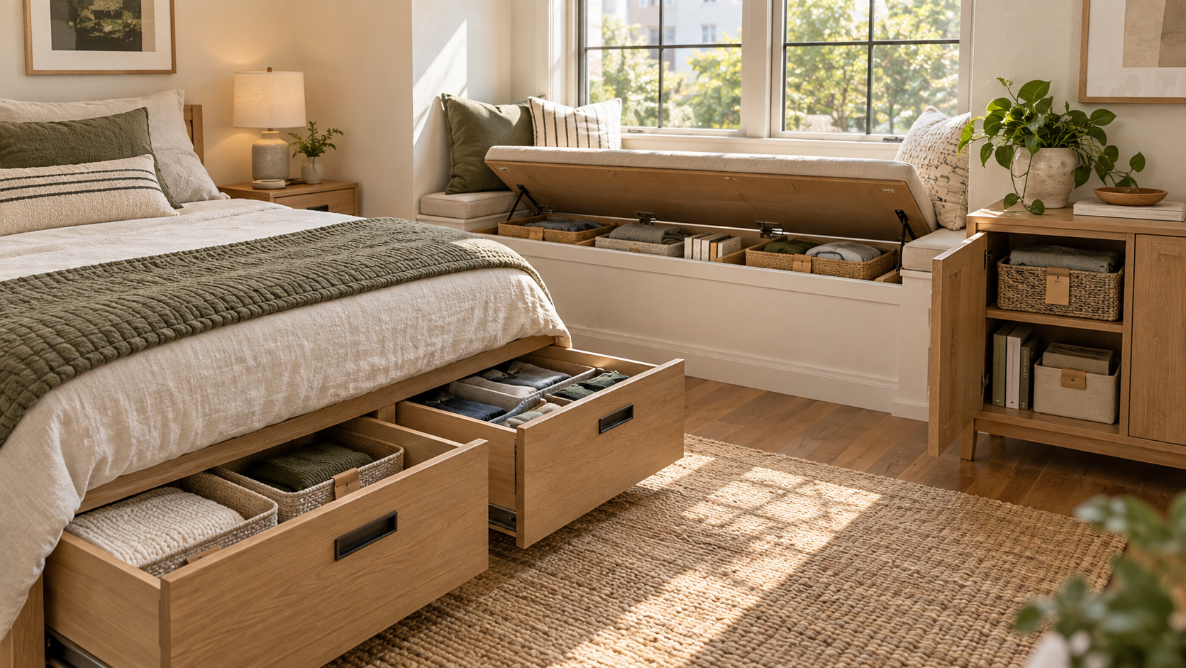 Bright bedroom with open under-bed drawers, a window seat, and organized hidden storage.