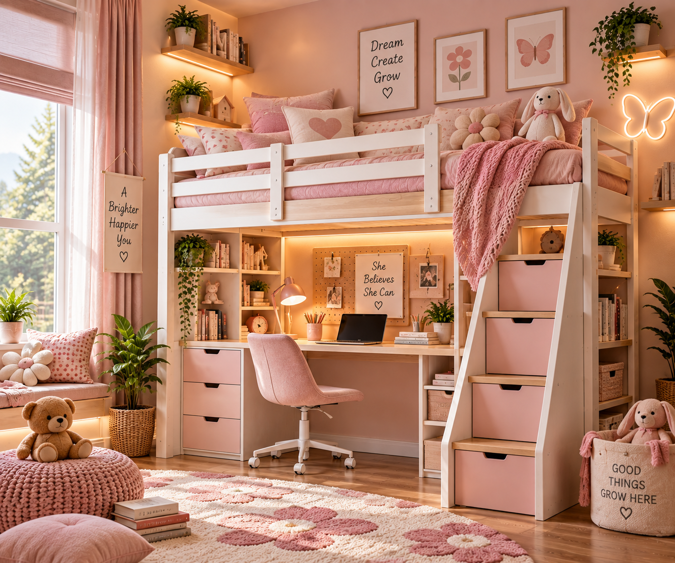 Warm small kids' room with a loft bed, built-in storage, and a study area beneath