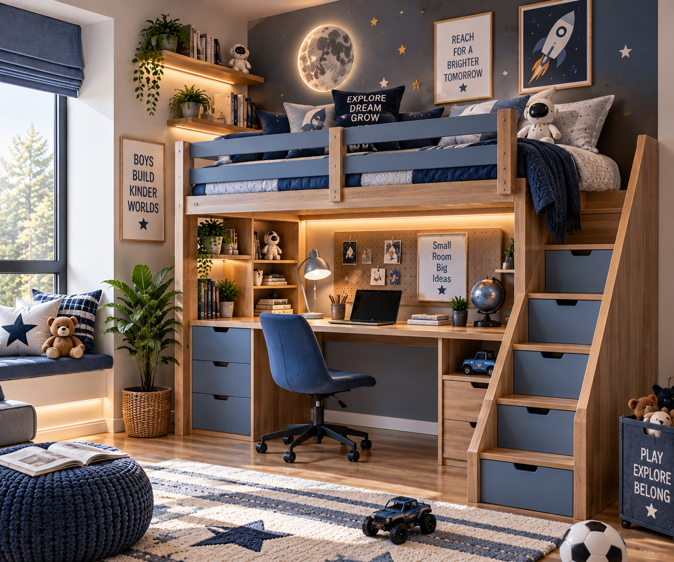 Compact kids' room loft bed with stairs, guardrails, and organized storage