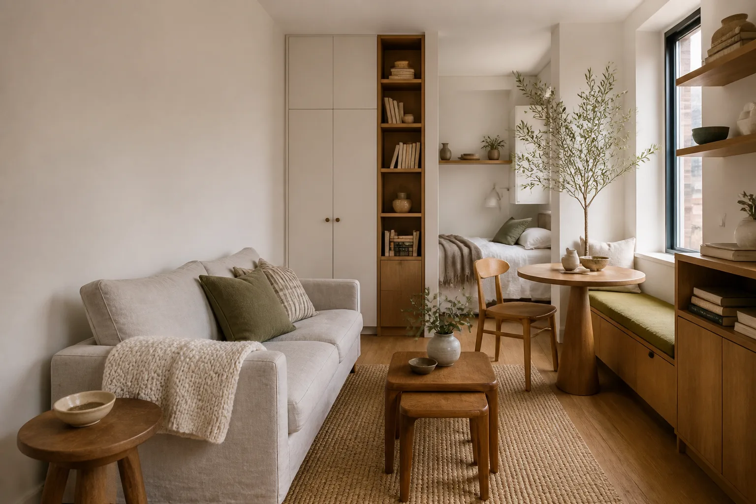 Compact living area with a sofa, dining furniture, plants, and a clear walkway.