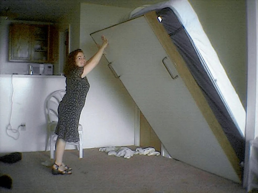 Transforming furniture shown in a compact room with its usable surface open.
