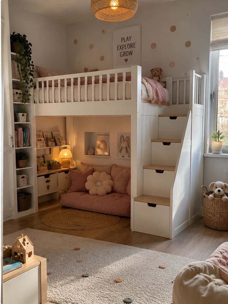 Compact children's room with a loft bed, built-in stairs, and a usable reading area underneath.
