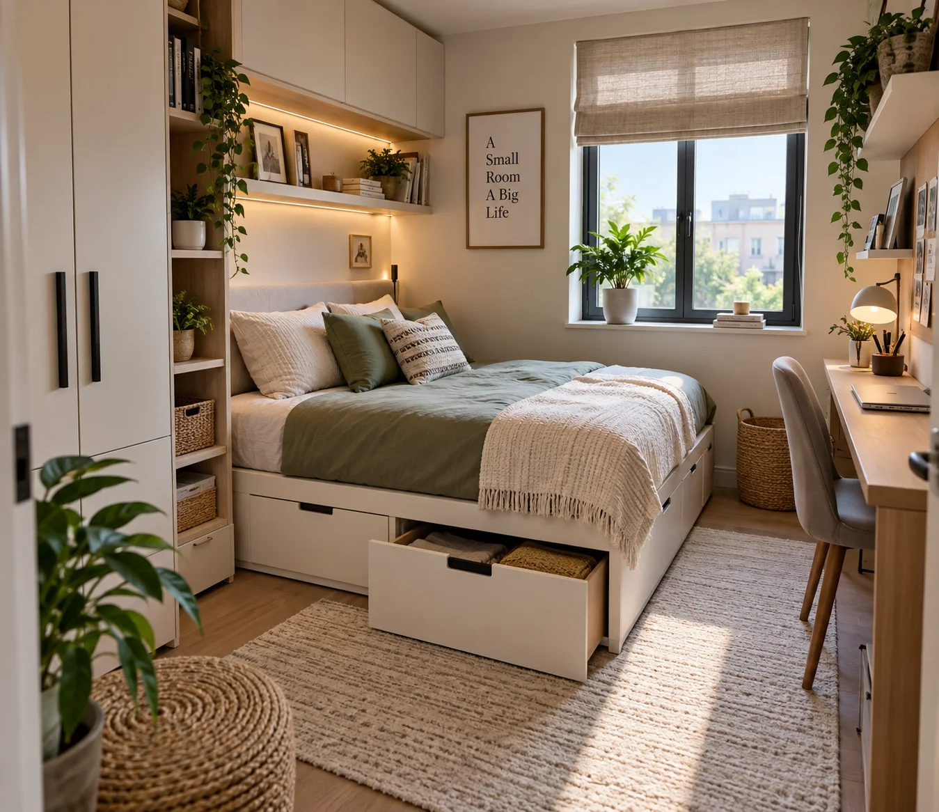 Small bedroom with a mirror positioned near furniture and a bright wall.