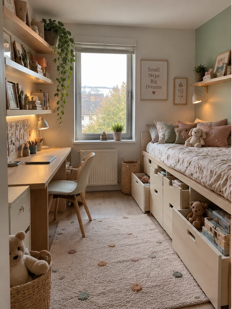 Kids bedroom with low toy storage and a clear play area on the floor.