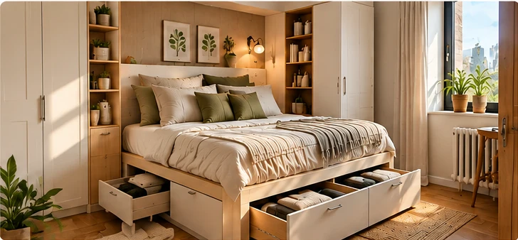 Small kids' room with low baskets, wall storage, and a clear area for play.