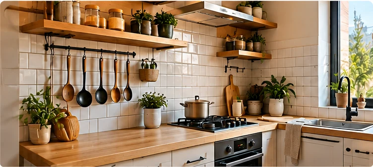 Small kitchen storage and pantry area with organized shelves and clear work space.