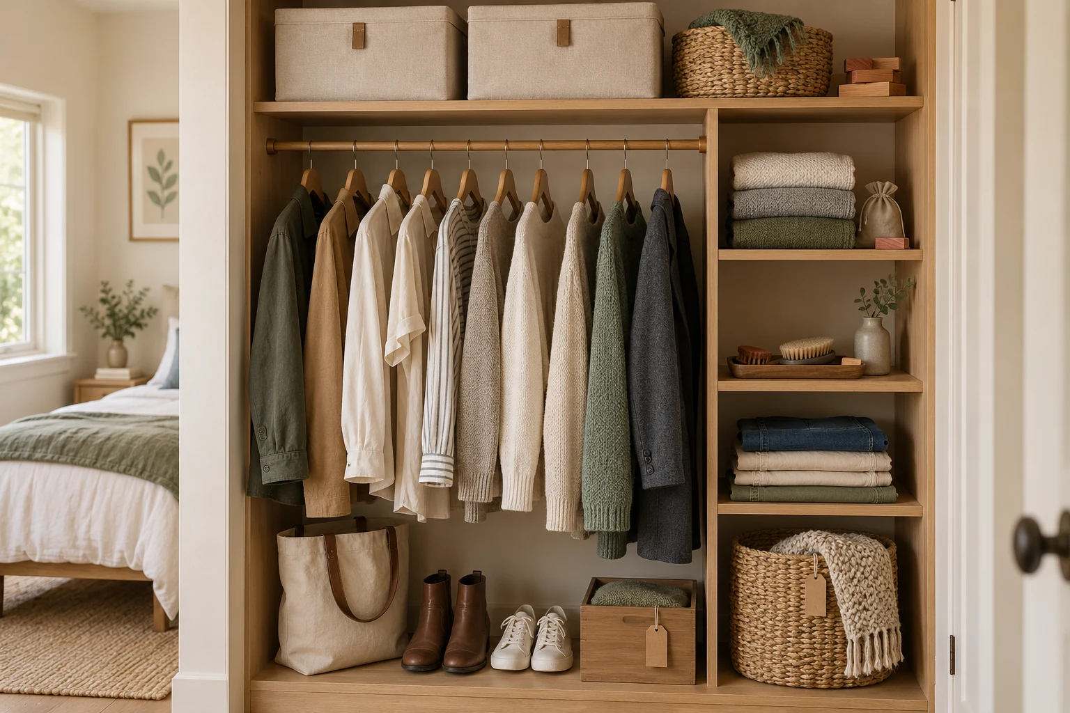 Small wardrobe organized into hanging, folded, and accessible storage zones.