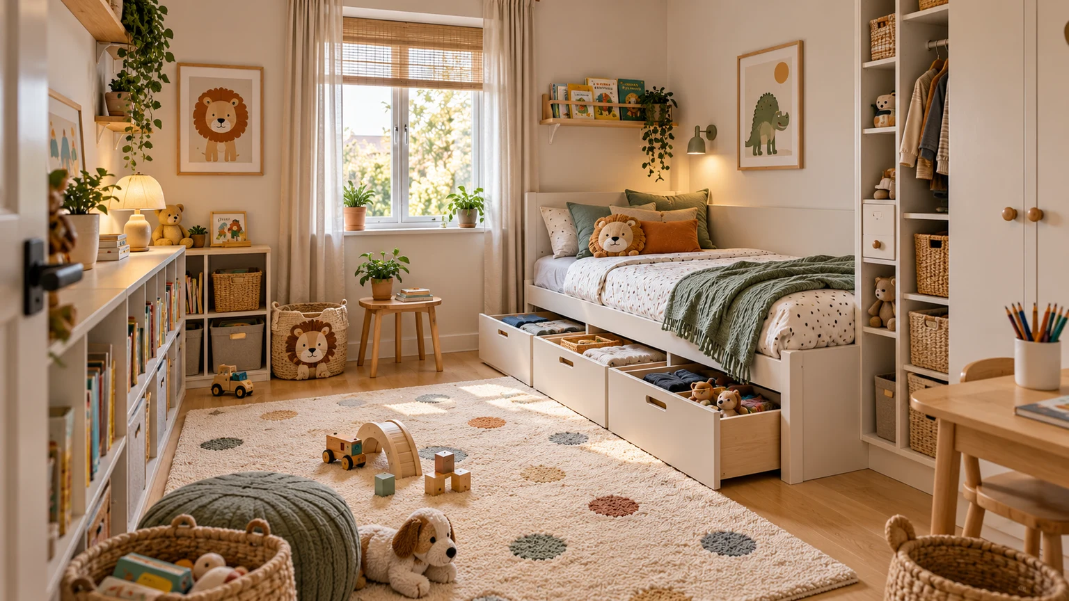 A visual guide to planning movement, child-height storage, under-bed drawers, and toy rotation in a small kids' room.