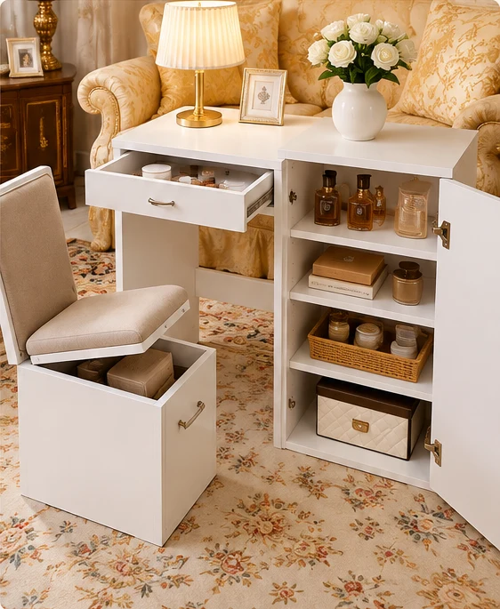 Compact white vanity with an open drawer, concealed side cabinet, and storage stool.