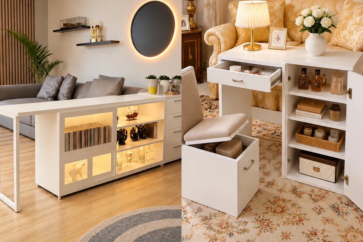 Two compact interiors showing a convertible console desk and a vanity with hidden storage.