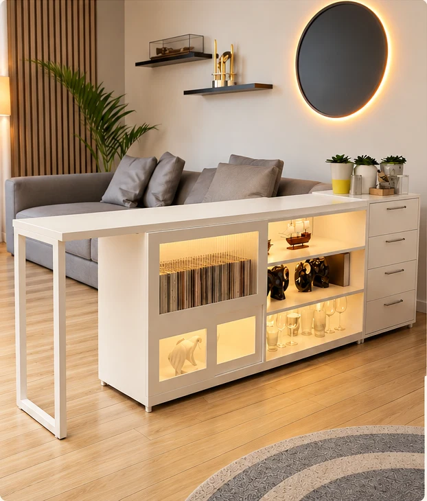 White storage console extended into a desk in a warm compact living room.