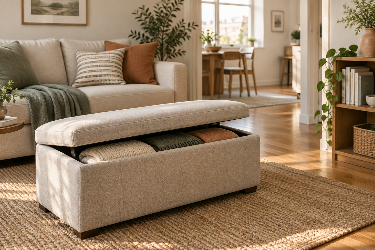 Compact seating area with an ottoman placed near a sofa and clear walking space.